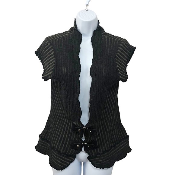 Chic Knit Black Gray Ribbed Faux Leather Grunge Steampunk Knit Sweater Vest - Picture 1 of 6